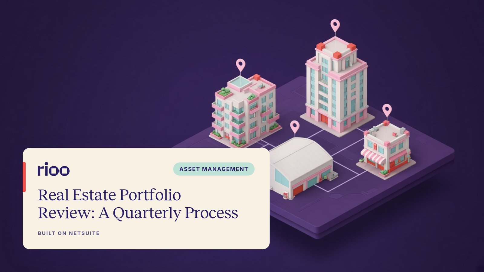 RIOO cover for Real Estate Portfolio Review: A Quarterly Process, with an isometric apartment block, office tower, warehouse and shop on a plum background