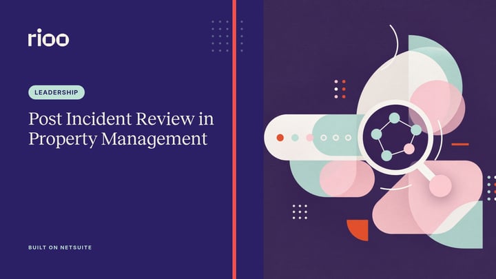 RIOO cover for Post incident review in property management, with abstract shapes on plum: a timeline bar and a magnifying lens over connected nodes