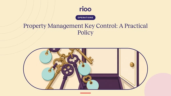 RIOO cover for Property management key control, with an illustrated ring of keys with blank coded tags beside an open key cabinet