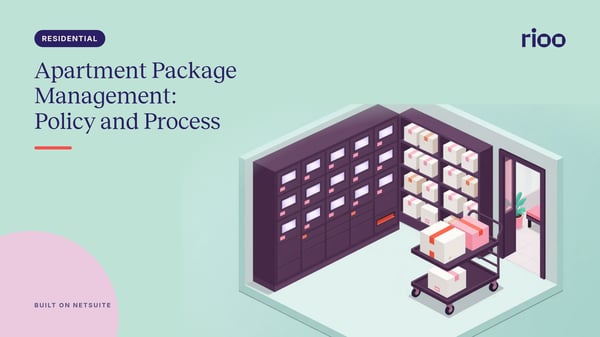 RIOO cover for Apartment package management, with an illustrated package room of smart lockers, shelves of parcels and a trolley on an aero blue ground