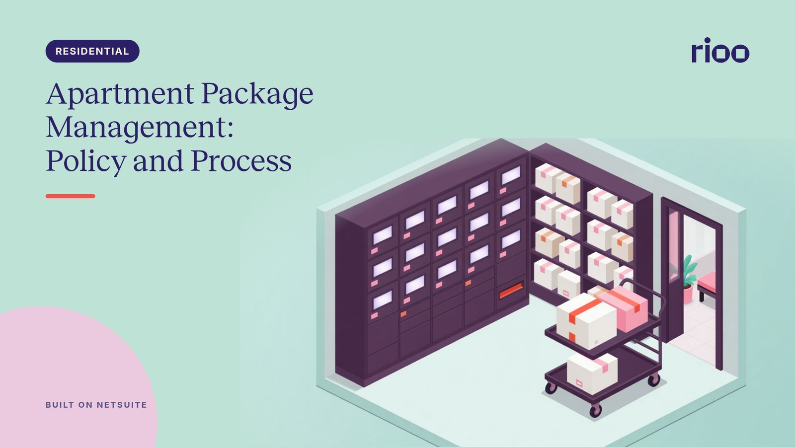 RIOO cover for Apartment package management, with an illustrated package room of smart lockers, shelves of parcels and a trolley on an aero blue ground