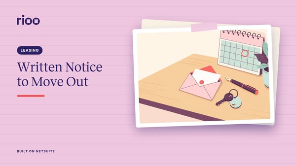 RIOO cover for Written notice to move out, with an illustrated desk holding an envelope and letter, a door key, a pen and a wall calendar with one date circled, on a soft pink background