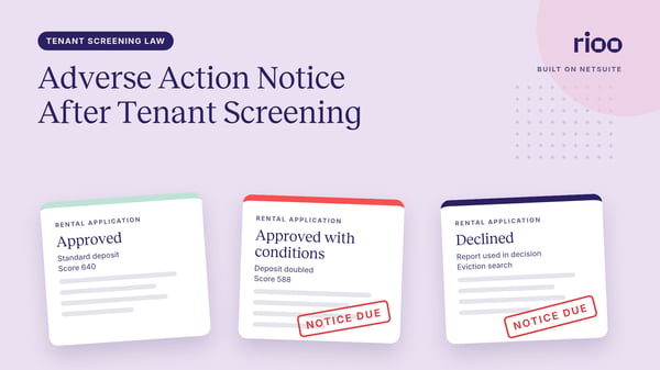 RIOO cover for Adverse action notice after tenant screening, with three rental application cards marked approved, approved with conditions and declined, the last two stamped notice due in red, on a lavender background