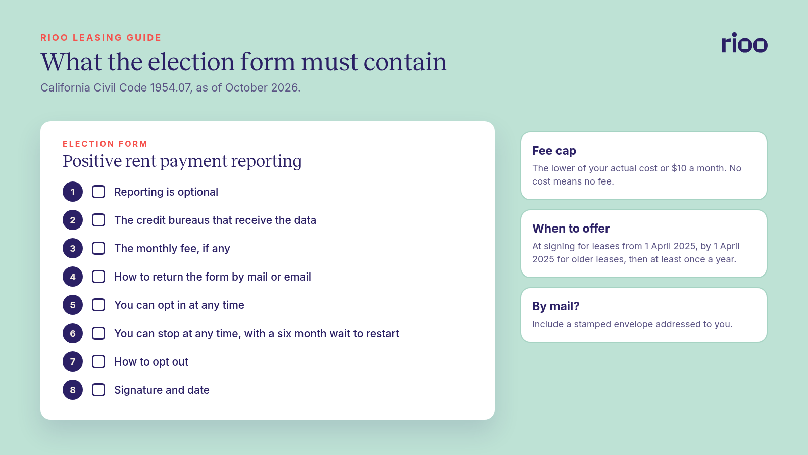 Mock election form for positive rent reporting with eight numbered items required in California: reporting is optional, the credit bureaus named, the monthly fee, how to return the form, opt in at any time, stop at any time with a six month wait to restart, how to opt out, and a dated signature block