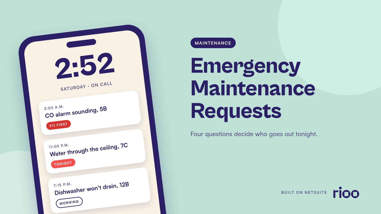 RIOO cover for Emergency Maintenance Requests, with a tilted plum phone on the left showing 2:52 and three calls from the worked example: a carbon monoxide alarm in 5B tagged 911 first, water through the ceiling in 7C tagged tonight and a dishwasher in 12B tagged morning, and the title in a right column on an aero blue background